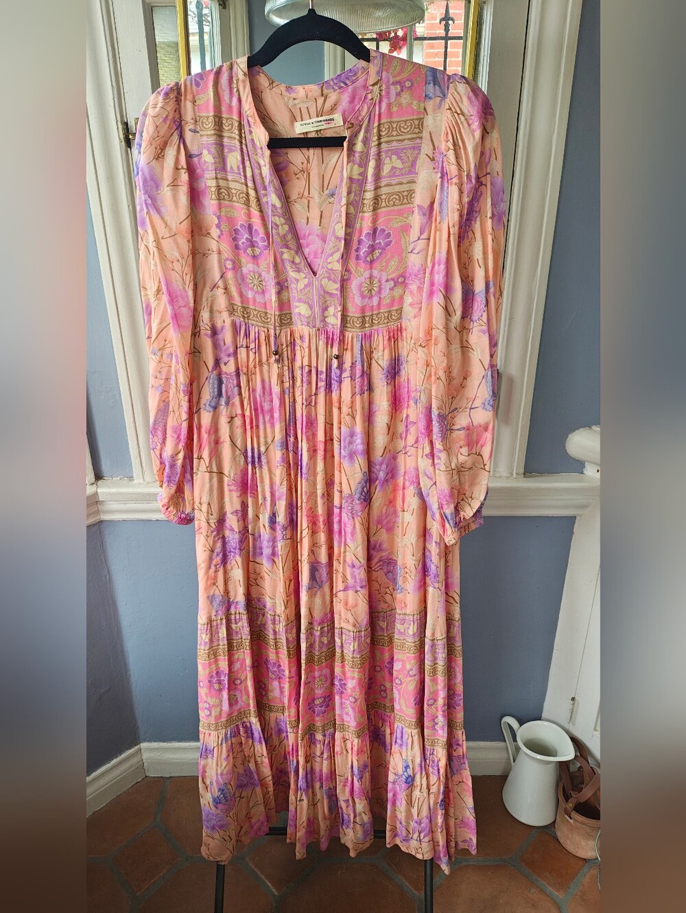 Spell Peach and Lavender Floral Maxi Dress Butterfly gown, Size Small, EUC